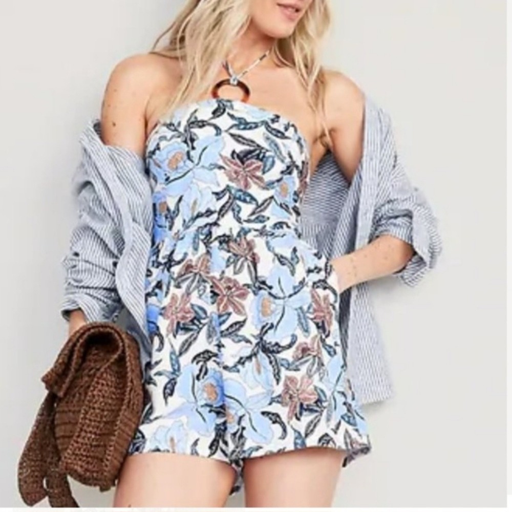 Old Navy Linen Blend Floral Halter Romper Womens Medium Boho Casual Resort